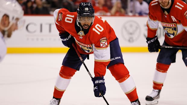 Panthers left wing Anthony Duclair (10) looks on during the third period of a game against the Lightning.